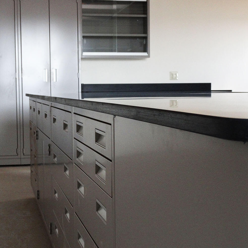 Custom steel lab cabinets and phenolic resin countertop manufacture