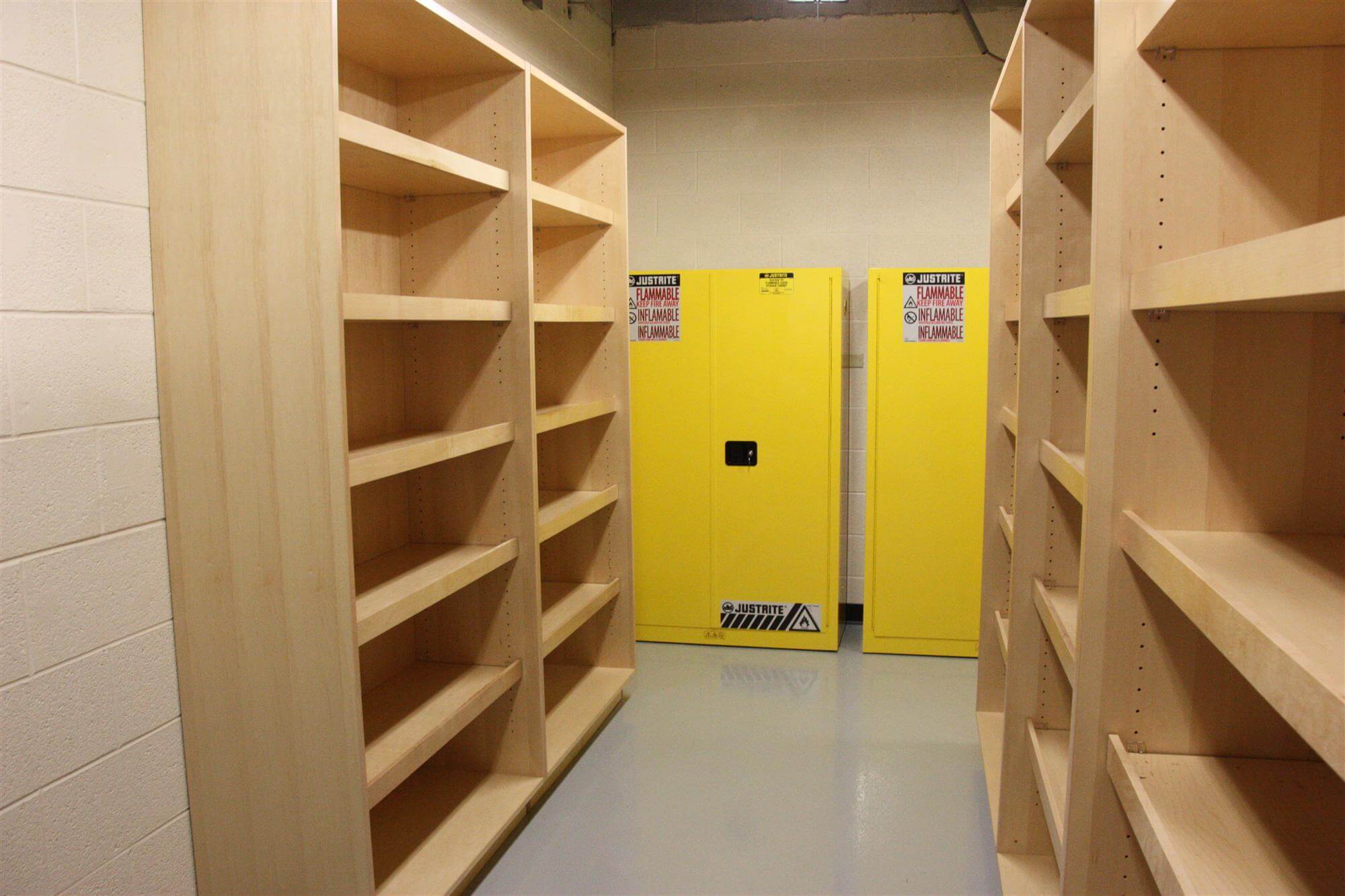 Lab designed with wood chemical storage shelving